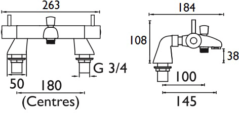 Technical image of Bristan Artisan Thermostatic Bath Shower Mixer Tap With Lever Handle