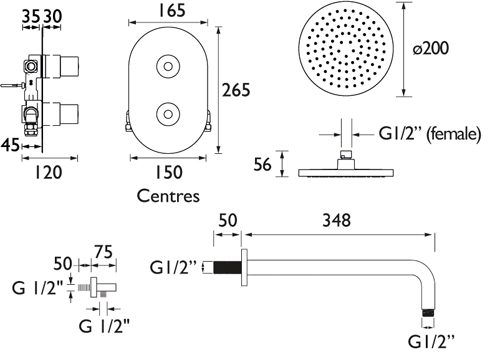 Technical image of Bristan Artisan Shower Pack With Arm, Round Head & Handset (Chrome).