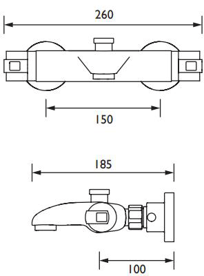 Technical image of Bristan Assure Wall Mounted Thermostatic Bath Shower Mixer Tap & Riser.