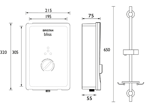 Technical image of Bristan Bliss Electric Shower With Digital Display 10.5kW (Gloss White).