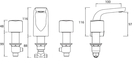 Technical image of Bristan Bright 3 Hole Basin & Bath Filler Taps Pack (Chrome).