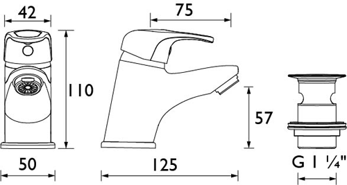 Technical image of Bristan Cadet Mono Basin Mixer Tap With Clicker Waste (Chrome).