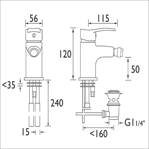 Technical image of Bristan Capri Bidet Mixer Tap With Pop Up Waste (Chrome).