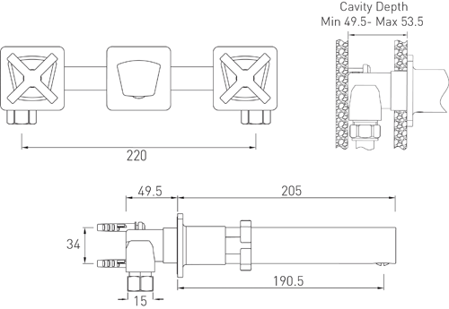 Technical image of Bristan Casino Wall Mounted Basin & Bath Filler Tap Pack (Chrome).