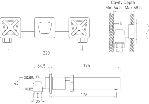 Technical image of Bristan Casino Wall Mounted Basin & Bath Filler Tap Pack (Chrome).