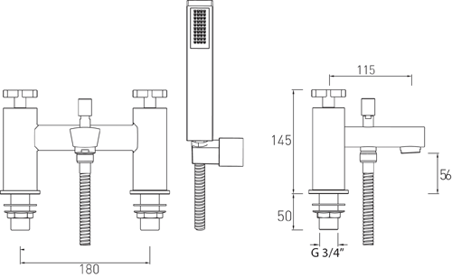 Technical image of Bristan Casino Basin & Bath Shower Mixer Taps Pack (Chrome).
