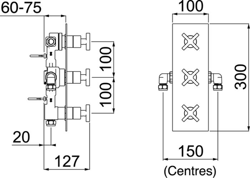 Technical image of Bristan Casino Dual Thermostatic Shower Valve With Diverters & Stopcock.