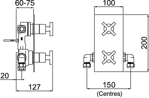 Technical image of Bristan Casino Dual Thermostatic Shower Valve With 2 x Outlet Diverters.