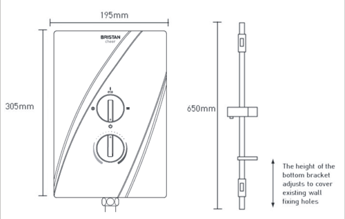 Technical image of Bristan Cheer Electric Shower 9.5kW (White).