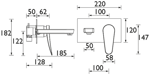 Technical image of Bristan Claret Wall Mounted Bath Filler Tap (White & Chrome).