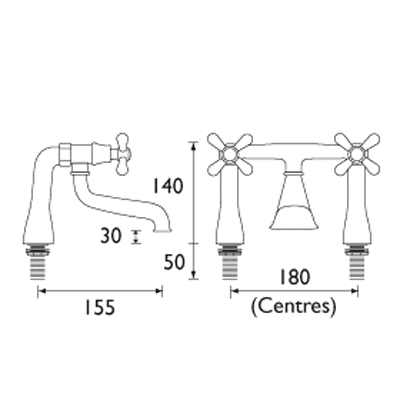 Technical image of Bristan Colonial Basin & Bath Filler Tap Pack (Gold).