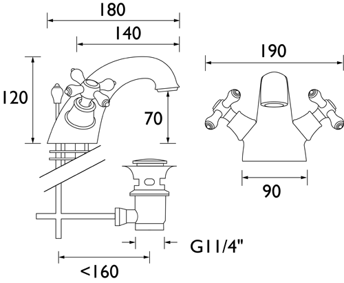 Technical image of Bristan Colonial Basin & Bath Shower Mixer Tap Pack (Gold).