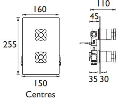 Technical image of Bristan Art Deco Concealed Shower Valve (2 Outlets, Chrome).