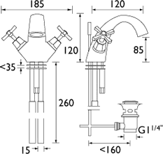 Technical image of Bristan Art Deco Basin Mixer Tap With Ceramic Disc Valves (Chrome).