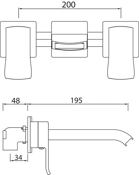 Technical image of Bristan Descent 3 Hole Wall Mounted Basin & Bath Filler Tap Pack (Chrome).