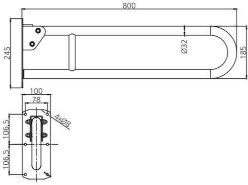 Technical image of Bristan Commercial DocM Shower Seat, 4 X 450mm Rails & Hinged Rail.
