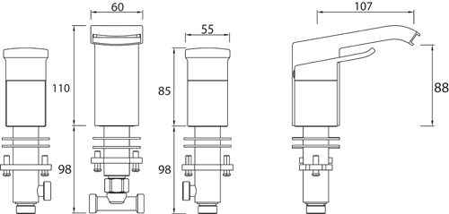 Technical image of Bristan Descent 3 Hole Bath Filler Tap (Chrome).