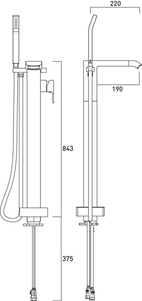 Technical image of Bristan Descent Floor Standing Bath Shower Mixer Tap (Chrome).