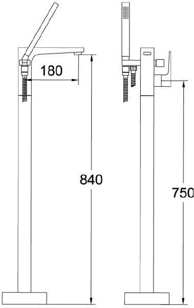 Technical image of Bristan Ebony Mono Basin & Floor Standing Bath Shower Mixer Tap (Chrome).