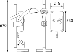 Technical image of Bristan Electric Showers 9.5Kw Evo Electric Shower With Riser Rail Kit In White.