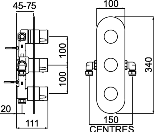 Technical image of Bristan Exodus Concealed Shower Valve (3 Outlets, Chrome).