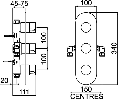 Technical image of Bristan Exodus Concealed Shower Valve (2 Outlets, Chrome).