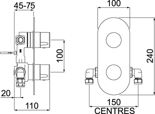 Technical image of Bristan Exodus Concealed Shower Valve (2 Outlets, Chrome).