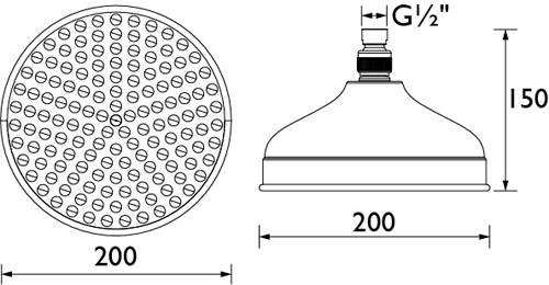 Technical image of Bristan Accessories Traditional Round Shower Head (200mm, Gold).