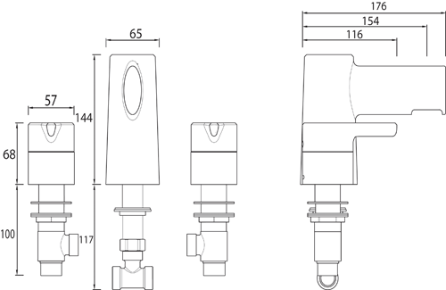 Technical image of Bristan Flute 3 Hole Bath Filler Tap (Chrome).