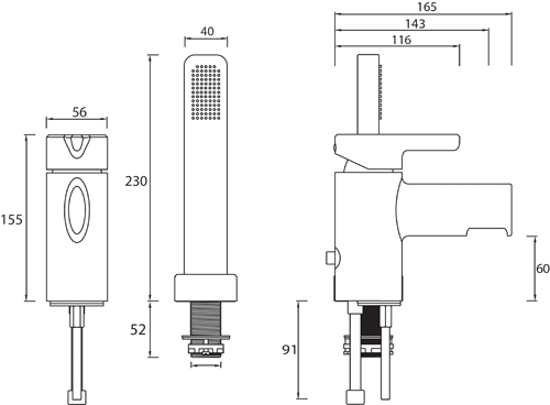 Technical image of Bristan Flute Mono Basin Mixer & 2 Hole Bath Shower Mixer Tap Pack (Chrome).