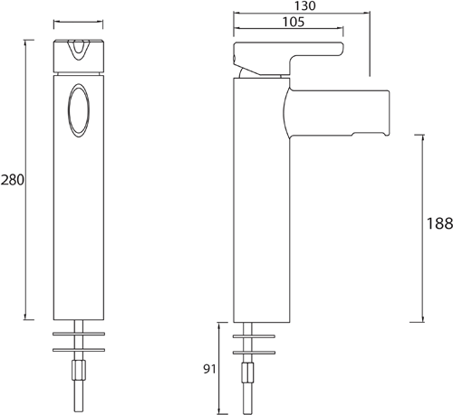 Technical image of Bristan Flute Tall Mono Basin Mixer & 1 Hole Bath Filler Tap Pack (Chrome).