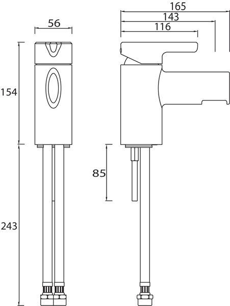 Technical image of Bristan Flute Tall Mono Basin Mixer & 1 Hole Bath Filler Tap Pack (Chrome).