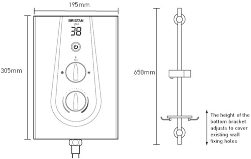 Technical image of Bristan Glee Electric Shower With Digital Display 10.5kW (Black).