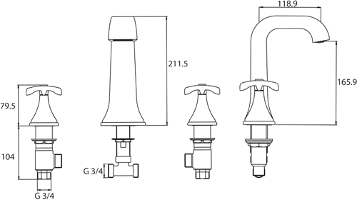 Technical image of Bristan Glorious 3 Hole Basin & Bath Filler Tap Pack (Chrome).