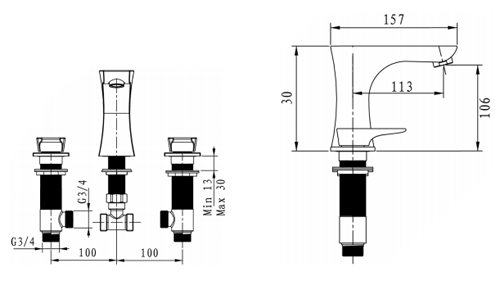 Technical image of Bristan Hourglass 3 Hole Bath Filler Tap (Chrome).