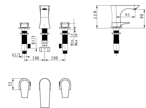 Technical image of Bristan Hourglass 3 Hole Basin & Bath Filler Taps Pack (Chrome).