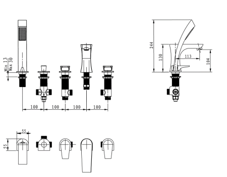 Technical image of Bristan Hourglass 5 Hole Bath Shower Mixer & Basin Tap Pack (Chrome).