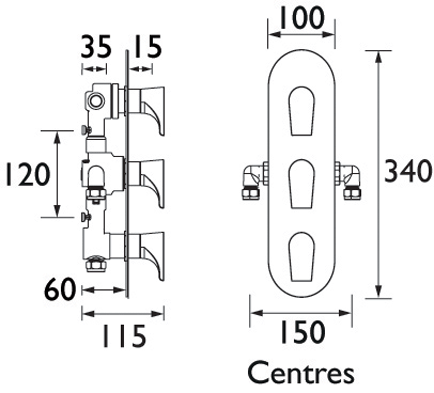 Technical image of Bristan Hourglass Concealed Shower Valve (3 Outlets, Chrome).