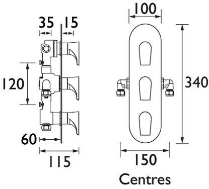 Technical image of Bristan Hourglass Concealed Shower Valve (2 Outlets, Chrome).