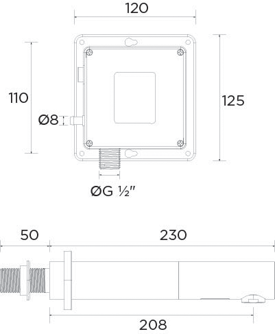 Technical image of Bristan Commercial 3 X Wall Mounted Sensor Basin Taps (Brushed Nickel).