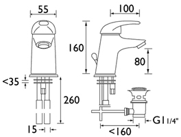 Technical image of Bristan Java Eco-Click Mono Basin Mixer Tap With Clicker Waste (Chrome).