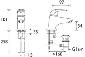 Technical image of Bristan Java Miniature Mono Basin Mixer Tap With Pop Up Waste (Chrome).