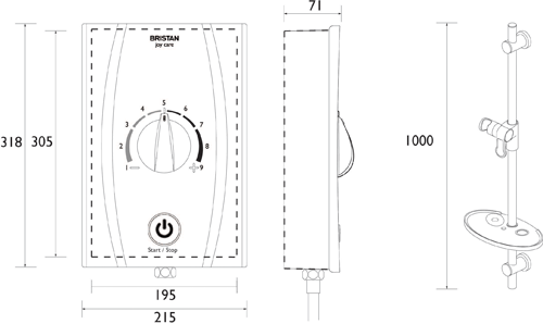 Technical image of Bristan Joy Thermostatic BEAB Electric Shower, Long Kit & Handle 8.5kW (White).