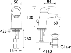 Technical image of Bristan Java Mini Mono Basin Mixer Tap With Pop Up Waste (Chrome).