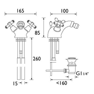 Technical image of Bristan Colonial Bidet Mixer Tap With Pop Up Waste (Chrome).