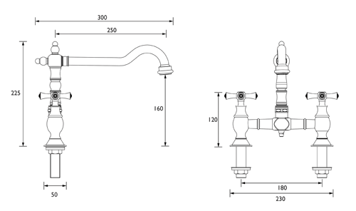 Technical image of Bristan Colonial Colonial Bridge Mixer Kitchen Tap (Antique Bronze).