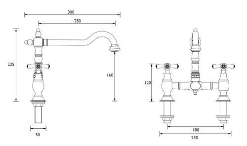 Technical image of Bristan Colonial Colonial Bridge Mixer Kitchen Tap (Brushed Nickel).