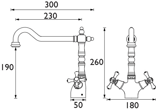 Technical image of Bristan Colonial Easy Fit Colonial Mixer Kitchen Tap (TAP ONLY, Antique Bronze).