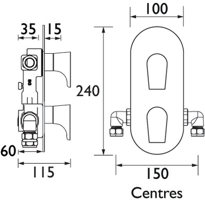 Technical image of Bristan Hourglass Concealed Shower Valve (2 Outlets, Copper Radiance).