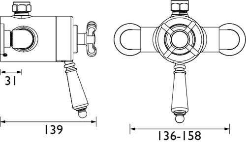 Technical image of Bristan 1901 Exposed Shower Valve With Dual Controls (1 Outlet, Gold).